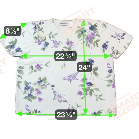 Alfred Dunner Floral Butterfly Knit Top White Purple Green Short Sleeve Size L - Picture 6 of 6